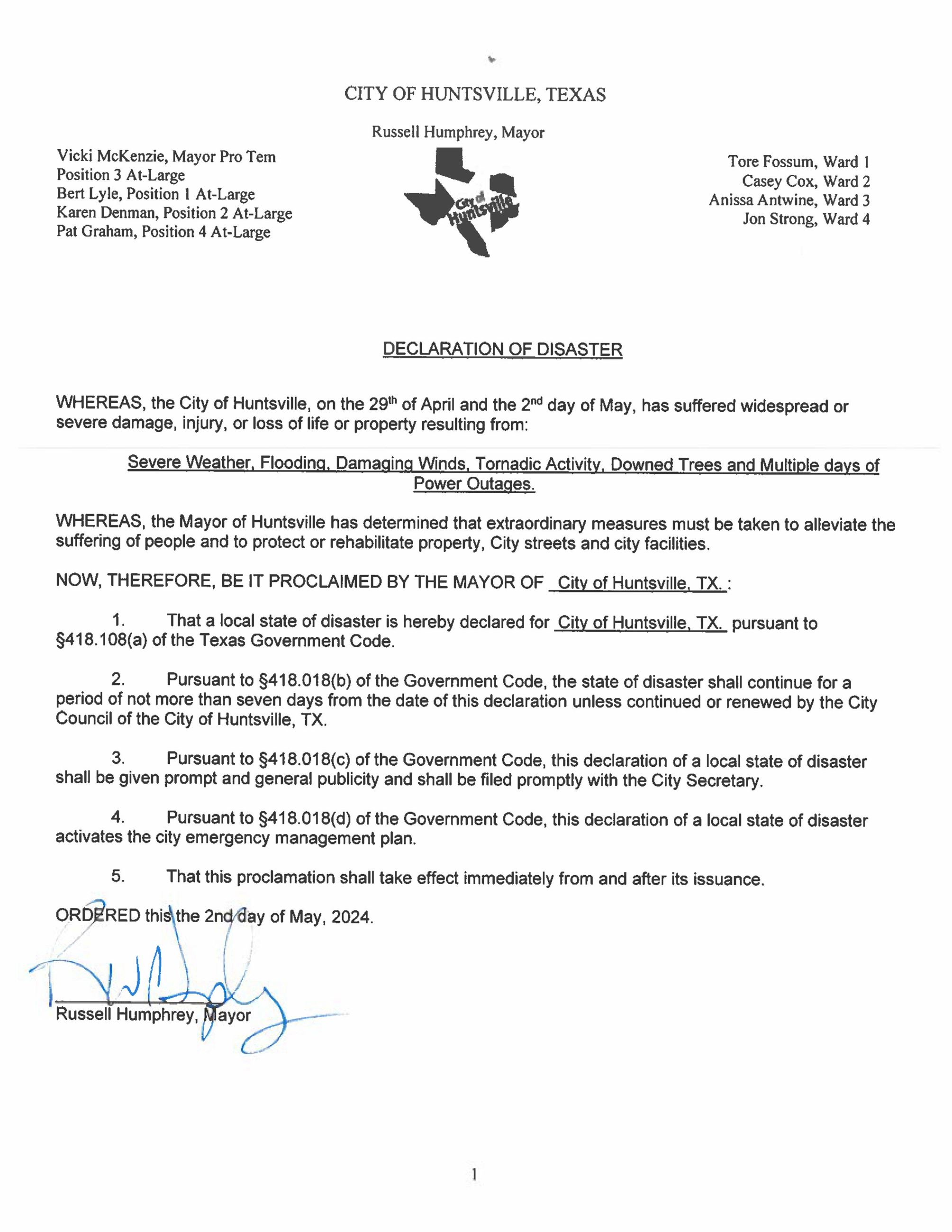 Declaration of Disaster 5-2-2024