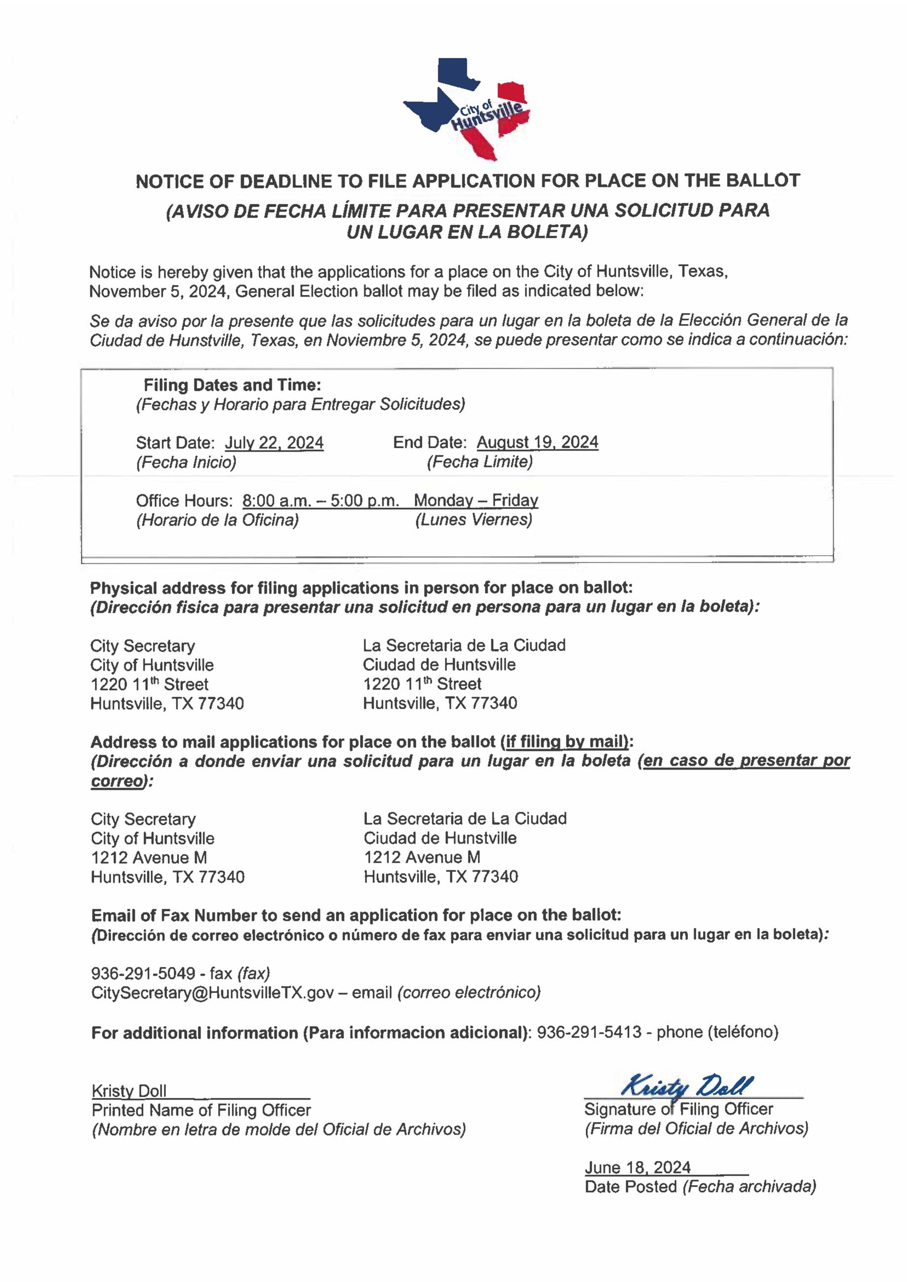 Notice of Deadline to File Application for Place on the Ballot 2024
