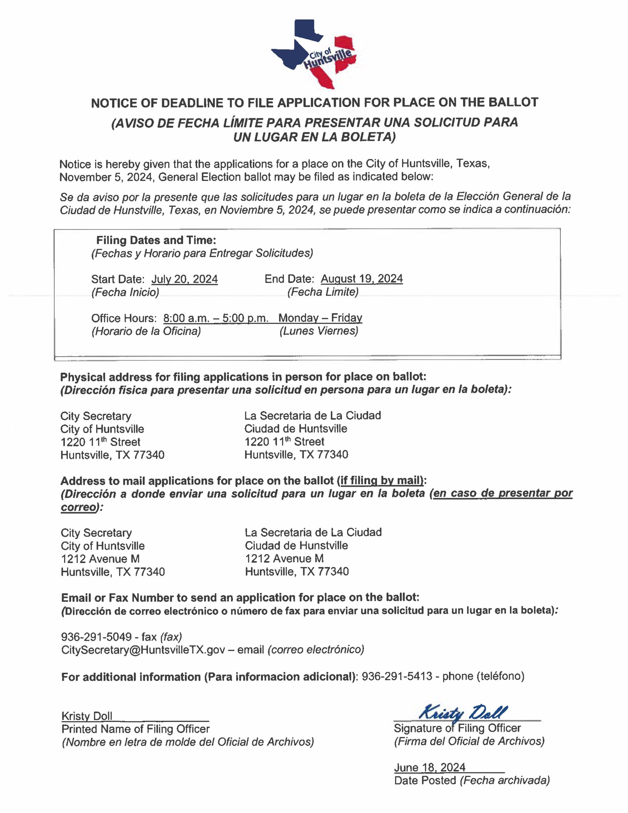 Notice of Deadline to File Application for Place on the Ballot