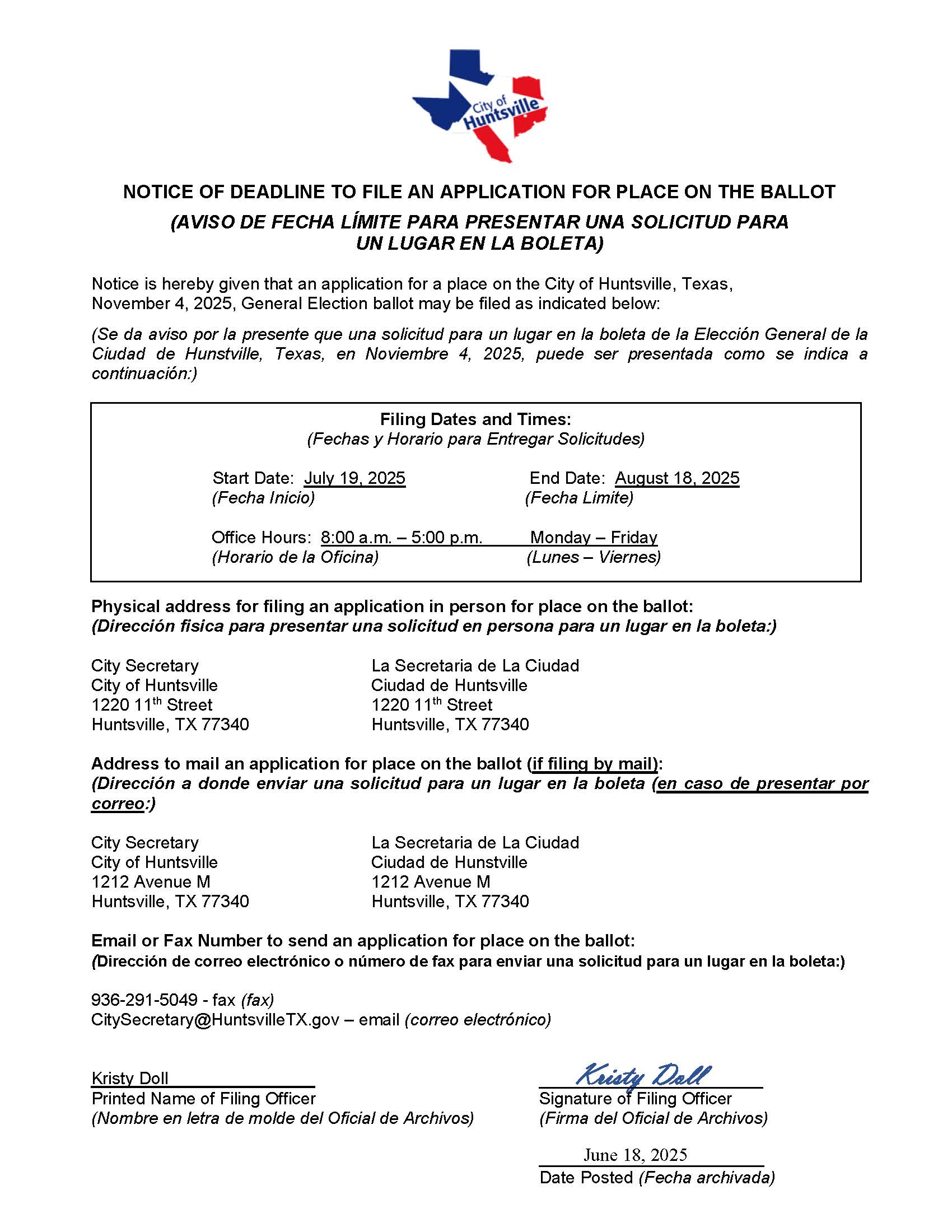 2025 Notice of Deadline to File App For Place on Ballot