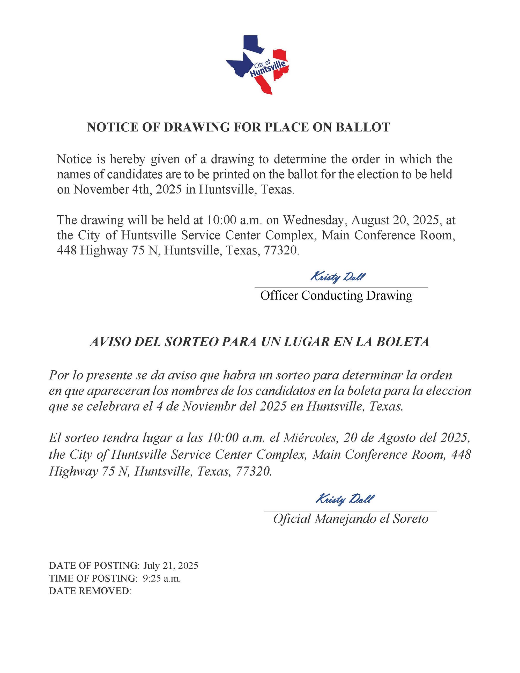 Notice of Drawing for Place on Ballot 2025