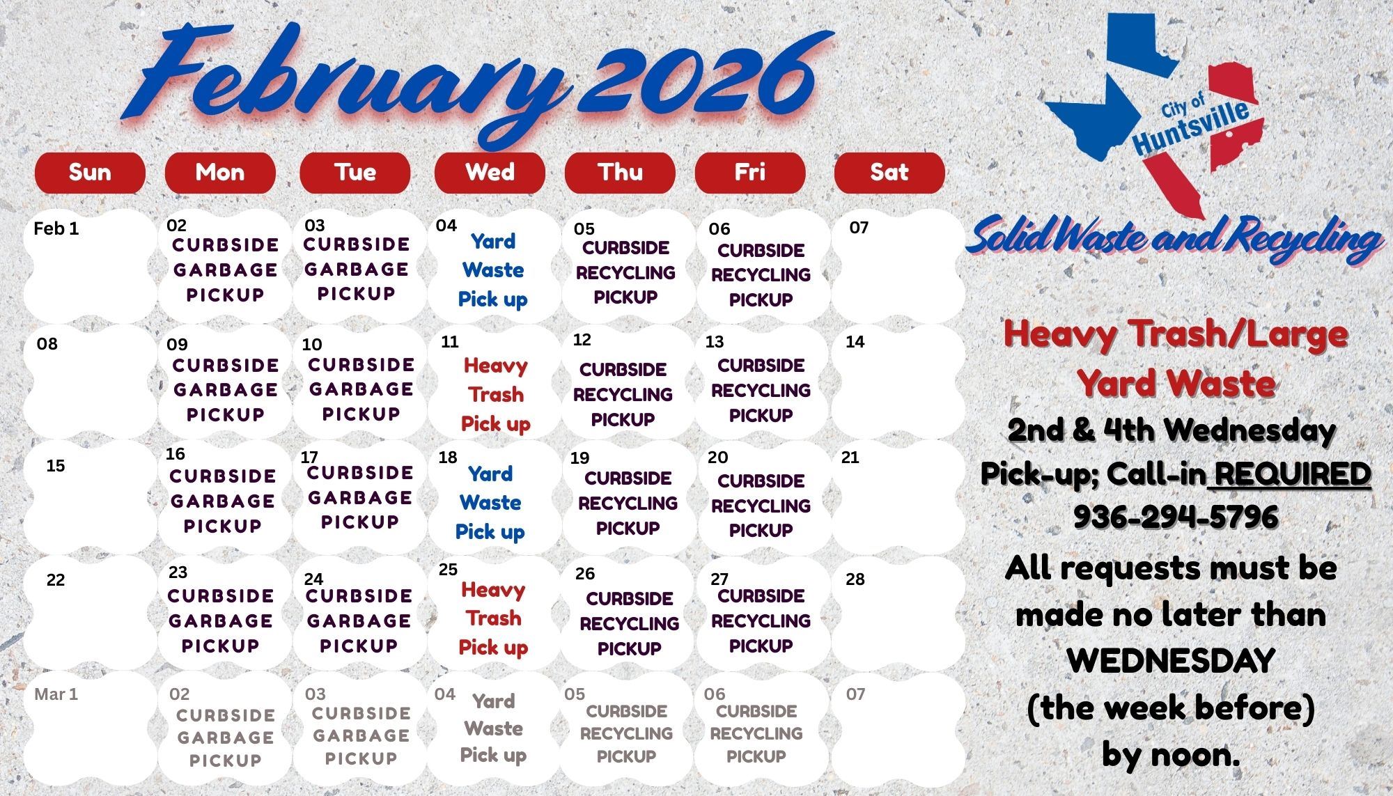 February 2026 Solid Waste Collection Calendar